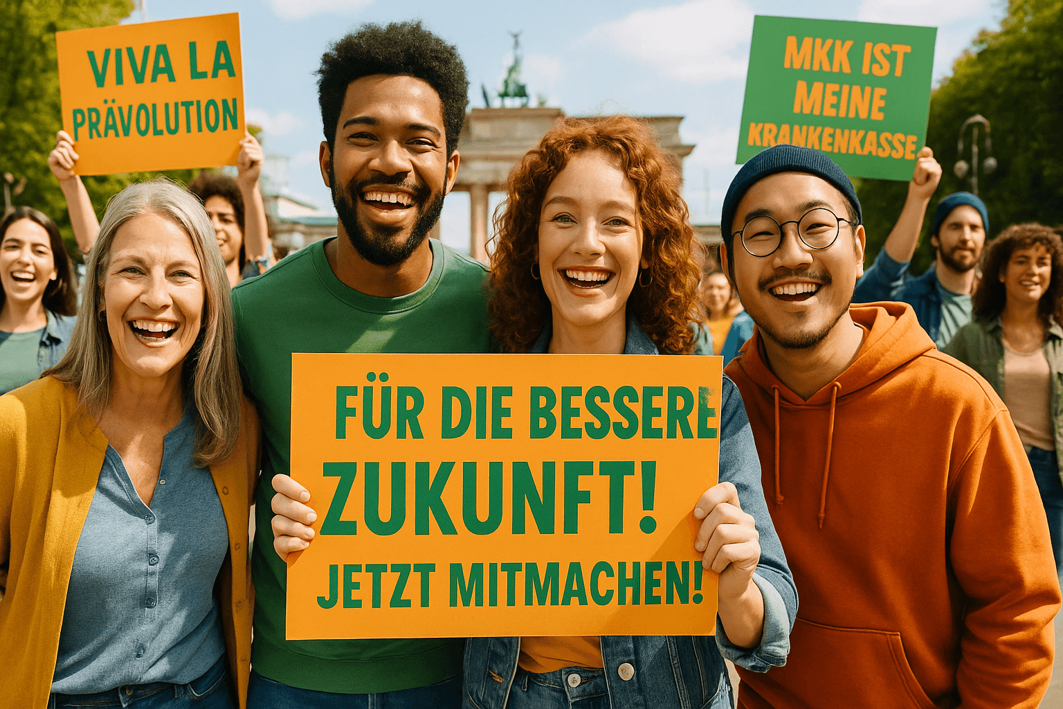 Menschen jubeln vor dem Brandenburger Tor mit Schildern für die MKK und 'Viva la Prävolution'
