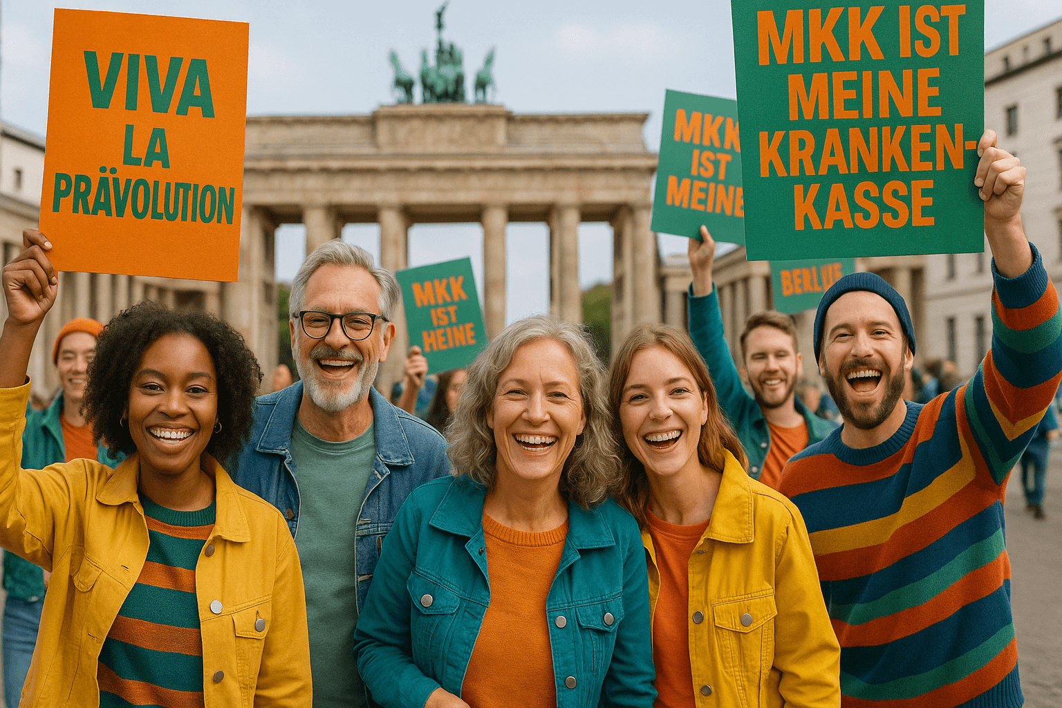 Menschen jubeln vor dem Brandenburger Tor mit Schildern für die MKK und 'Viva la Prävolution'